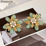 Vintage Flower Pearls Stud Earrings Green Glaze Banquet Jewelry
