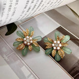 Vintage Flower Pearls Stud Earrings Green Glaze Banquet Jewelry