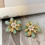 Vintage Flower Pearls Stud Earrings Green Glaze Banquet Jewelry