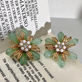 Vintage Flower Pearls Stud Earrings Green Glaze Banquet Jewelry