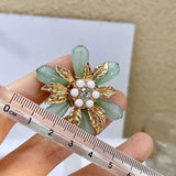 Vintage Flower Pearls Stud Earrings Green Glaze Banquet Jewelry