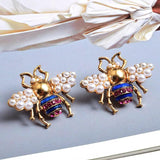 Vintage Bee Stud Earrings with Pearl and Crystal, Party Jewelry