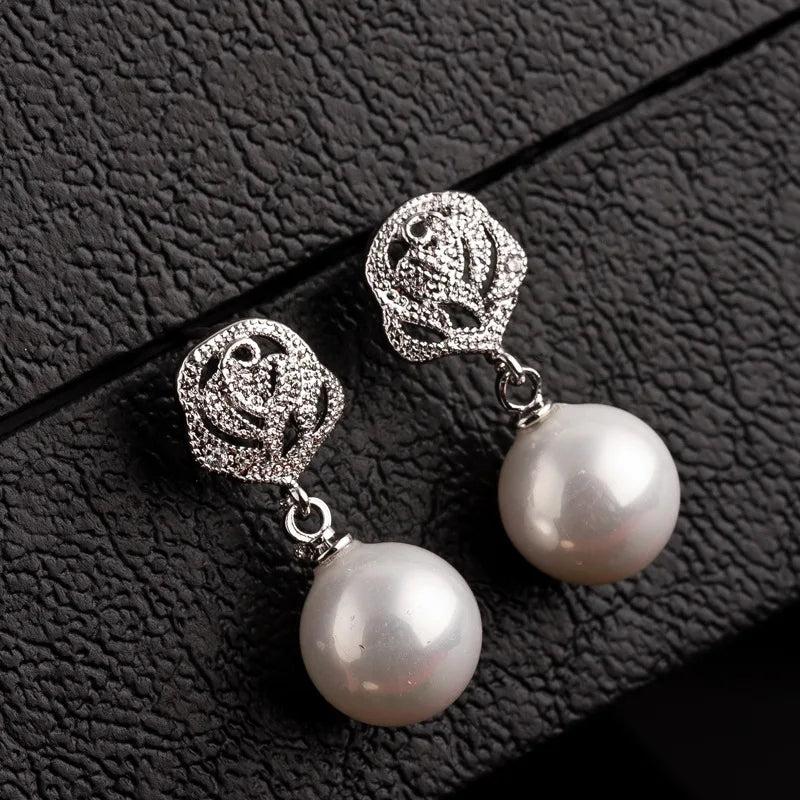 Pearl Pave Stud Earrings with Bow - Silver