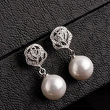 Pearl Pave Stud Earrings with Bow - Silver