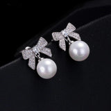 Pearl Pave Stud Earrings with Bow - Silver