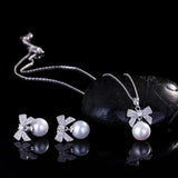 Pearl Pave Stud Earrings with Bow - Silver
