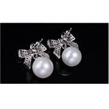 Pearl Pave Stud Earrings with Bow - Silver