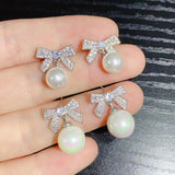 Pearl Pave Stud Earrings with Bow - Silver