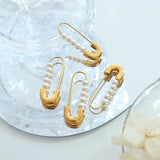 Dainty Safety Pin Pearl Earrings for Girl 18k Plated Earring
