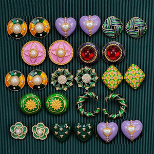Irregular Flowers Pink Love Heart Pearl Red Stone Metal Ear Studs