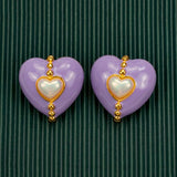 Irregular Flowers Pink Love Heart Pearl Red Stone Metal Ear Studs