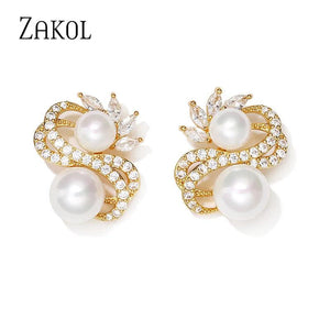 Double Row Zircon Earrings Round Pearls Bridal Wedding Jewelry