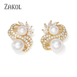 Double Row Zircon Earrings Round Pearls Bridal Wedding Jewelry