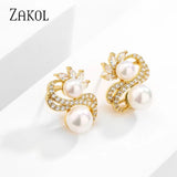 Double Row Zircon Earrings Round Pearls Bridal Wedding Jewelry