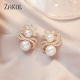 Double Row Zircon Earrings Round Pearls Bridal Wedding Jewelry