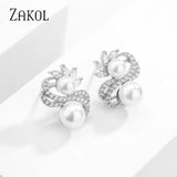 Double Row Zircon Earrings Round Pearls Bridal Wedding Jewelry
