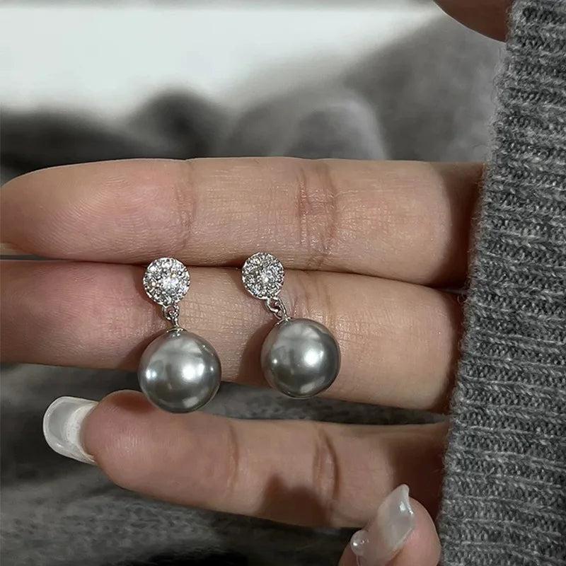 Water Drop Crystal Stud Earrings Gray Zircon Pearl Jewelry