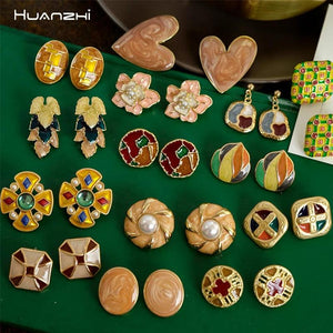 Vintage Enamel Metal Flower Stud Earrings for Women Girls