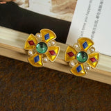 Vintage Enamel Metal Flower Stud Earrings for Women Girls