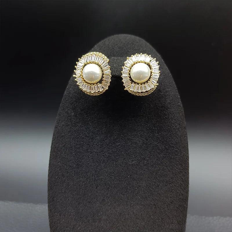 Pearl Stud Earring Classic Bling Crystal Round Earring