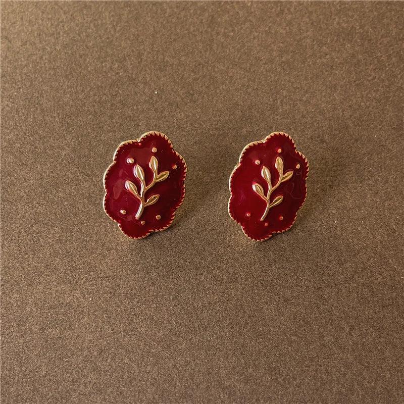 Vintage Red Enamel C Shape Pearl Geometry Stud Earrings