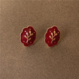 Vintage Red Enamel C Shape Pearl Geometry Stud Earrings