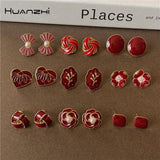 Vintage Red Enamel C Shape Pearl Geometry Stud Earrings