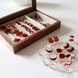 Vintage Red Enamel C Shape Pearl Geometry Stud Earrings