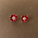 Vintage Red Enamel C Shape Pearl Geometry Stud Earrings