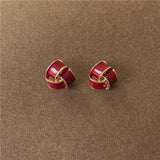 Vintage Red Enamel C Shape Pearl Geometry Stud Earrings