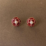 Vintage Red Enamel C Shape Pearl Geometry Stud Earrings
