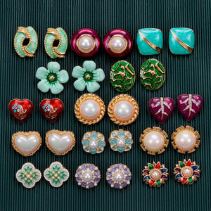 Vintage Flower Enamel Pearl Ear Studs Gift
