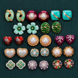 Vintage Flower Enamel Pearl Ear Studs Gift