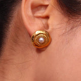 Boho Hammered Round Pearl Stud Earrings Stainless Steel Plated