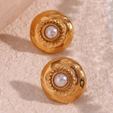 Boho Hammered Round Pearl Stud Earrings Stainless Steel Plated