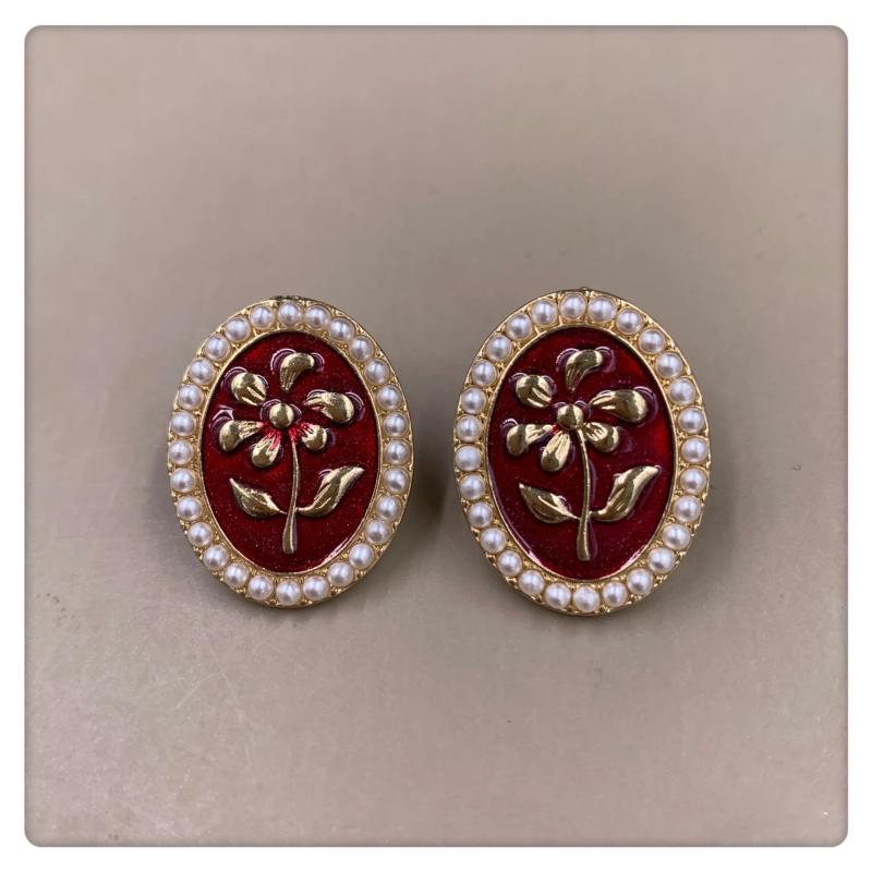 Vintage Red Flower Enamel Stud Earrings Geometric Heart Love Ear Jewelry