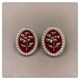 Vintage Red Flower Enamel Stud Earrings Geometric Heart Love Ear Jewelry