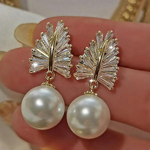 JMK Oval Zircon Pearl Earrings Green Bridal Wedding Jewelry