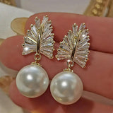 JMK Oval Zircon Pearl Earrings Green Bridal Wedding Jewelry