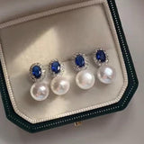 JMK Oval Zircon Pearl Earrings Green Bridal Wedding Jewelry