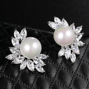 Simulated Pearl Stud Earrings Zirconia Crystal Bridal Party Jewelry