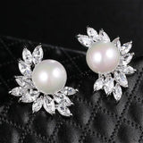 Simulated Pearl Stud Earrings Zirconia Crystal Bridal Party Jewelry