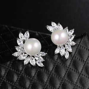 Simulated Pearl Stud Earrings Zirconia Crystal Bridal Party Jewelry