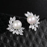 Simulated Pearl Stud Earrings Zirconia Crystal Bridal Party Jewelry