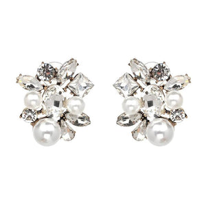 Women Crystal Flower Faux Pearl Vintage Statement Stud Earrings