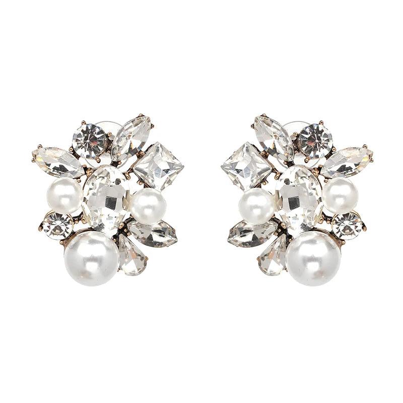 Women Crystal Flower Faux Pearl Vintage Statement Stud Earrings