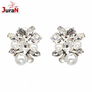 Women Crystal Flower Faux Pearl Vintage Statement Stud Earrings