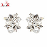 Women Crystal Flower Faux Pearl Vintage Statement Stud Earrings