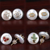 Colorful CZ Coin Pearl Stud Earrings