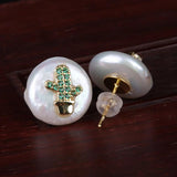 Colorful CZ Coin Pearl Stud Earrings